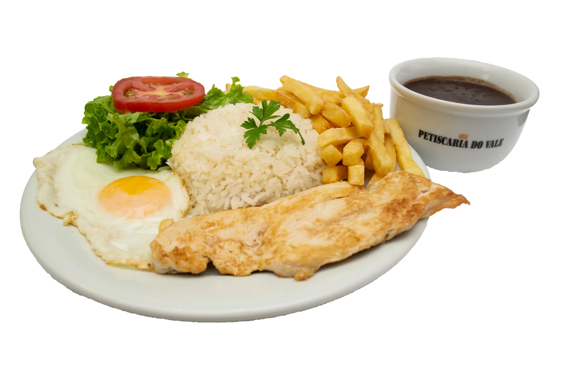 Prato executivo com frango grelhado, arroz, feijão, batata frita e ovo
